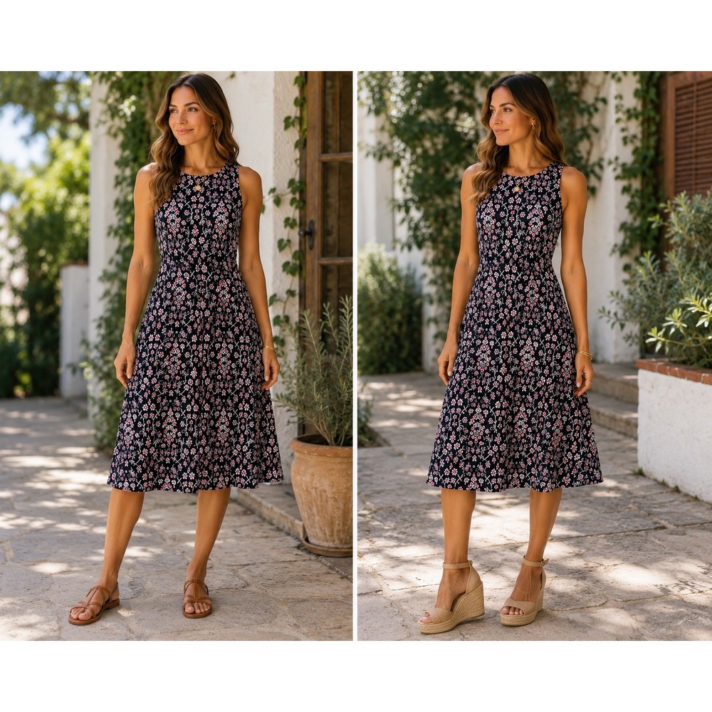 LOFT Floral Sleeveless Fit & Flare Midi Dress Navy White Pink Women's M